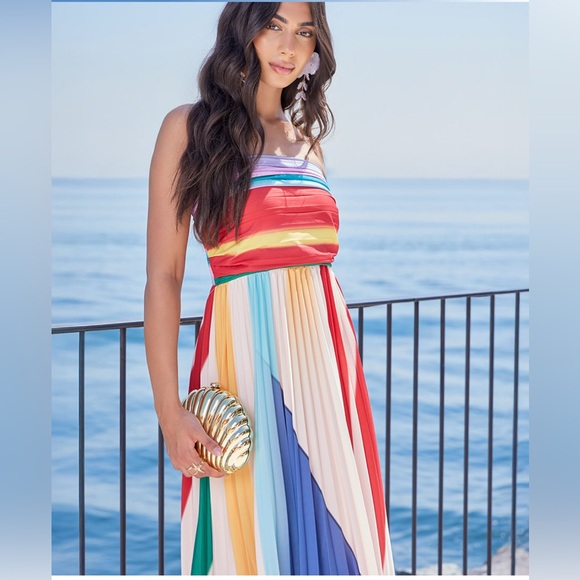 TRENDY VIRAL rainbow Multicolor Striped pleated strapless Maxi Dress *2 for 20* - Picture 5 of 13